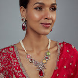 Florence Silver Plated Multicolored Zircon Womens Long Necklace Set with Pair of Earrings