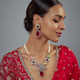 Florence Silver Plated Multicolored Zircon Womens Long Necklace Set with Pair of Earrings
