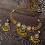 Saadgi Gold Plated Womens Temple Choker Necklace Set with Pair of Earrings