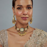 Saadgi Gold Plated Womens Temple Choker Necklace Set with Pair of Earrings
