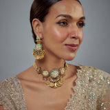 Saadgi Gold Plated Womens Temple Choker Necklace Set with Pair of Earrings