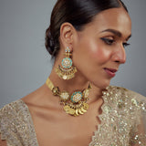 Saadgi Gold Plated Womens Temple Choker Necklace Set with Pair of Earrings