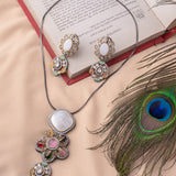Saadgi White & Multicolored Womens Contemporary Short Necklace Set with Pair of Earrings