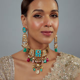 Saadgi Gold Plated Multicolored Kundan Polki Womens Choker Necklace Set with Pair of Earrings