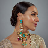 Saadgi Gold Plated Multicolored Kundan Polki Womens Choker Necklace Set with Pair of Earrings