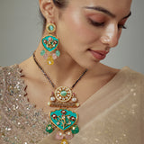 Saadgi Gold Plated Green Kundan Polki Womens Long Necklace Set with Pair of Earrings