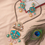 Saadgi Gold Plated Green Kundan Polki Womens Long Necklace Set with Pair of Earrings