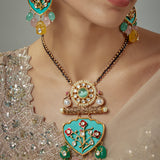 Saadgi Gold Plated Green Kundan Polki Womens Long Necklace Set with Pair of Earrings