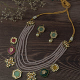 Gold Plated Purple Womens Long Necklace Set with Pair of Earrings