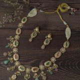 Gold Plated Multicolored Womens Long Necklace Set with Pair of Earrings