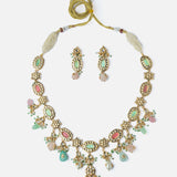 Gold Plated Multicolored Womens Long Necklace Set with Pair of Earrings