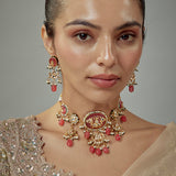 Saadgi Gold Plated Pink Kundan Polki Womens Choker Necklace Set with Pair of Earrings