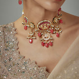 Saadgi Gold Plated Pink Kundan Polki Womens Choker Necklace Set with Pair of Earrings