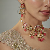 Saadgi Gold Plated Pink Kundan Polki Womens Choker Necklace Set with Pair of Earrings