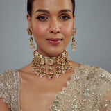 Saadgi Gold Plated Pink Kundan Polki Womens Choker Necklace Set with Pair of Earrings