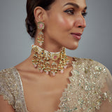 Saadgi Gold Plated Pink Kundan Polki Womens Choker Necklace Set with Pair of Earrings