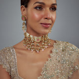 Saadgi Gold Plated Pink Kundan Polki Womens Choker Necklace Set with Pair of Earrings