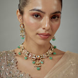 Saadgi Gold Plated Green Kundan Polki Womens Short Necklace Set with Pair of Earrings