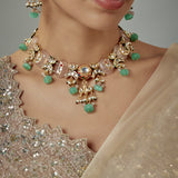Saadgi Gold Plated Green Kundan Polki Womens Short Necklace Set with Pair of Earrings