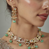Saadgi Gold Plated Green Kundan Polki Womens Short Necklace Set with Pair of Earrings