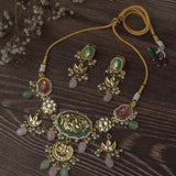 Gold Plated Multicolored Womens Short Necklace Set with Pair of Earrings