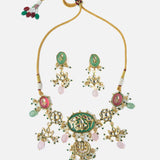 Gold Plated Multicolored Womens Short Necklace Set with Pair of Earrings
