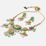 Gold Plated Multicolored Womens Short Necklace Set with Pair of Earrings