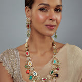 Saadgi Gold Plated Multicolored Kundan Polki Womens Long Necklace Set with Pair of Earrings