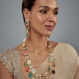 Saadgi Gold Plated Multicolored Kundan Polki Womens Long Necklace Set with Pair of Earrings