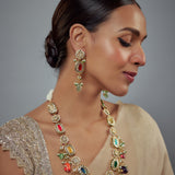 Saadgi Gold Plated Multicolored Kundan Polki Womens Long Necklace Set with Pair of Earrings