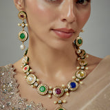 Saadgi Gold Plated Multicolored Kundan Polki Womens Short Necklace Set with Pair of Earrings