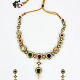 Saadgi Gold Plated Multicolored Kundan Polki Womens Short Necklace Set with Pair of Earrings