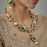 Saadgi Gold Plated Multicolored Kundan Polki Womens Short Necklace Set with Pair of Earrings