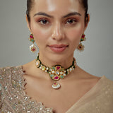 Saadgi Gold Plated Multicolored Kundan Polki Womens Choker Necklace Set with Pair of Earrings