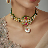 Saadgi Gold Plated Multicolored Kundan Polki Womens Choker Necklace Set with Pair of Earrings