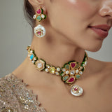 Saadgi Gold Plated Multicolored Kundan Polki Womens Choker Necklace Set with Pair of Earrings
