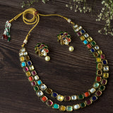 Gold Plated Multicolored Womens Synthetic Stones Short Necklace Set with Pair of Earrings