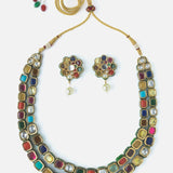 Gold Plated Multicolored Womens Synthetic Stones Short Necklace Set with Pair of Earrings