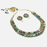 Gold Plated Multicolored Womens Synthetic Stones Short Necklace Set with Pair of Earrings