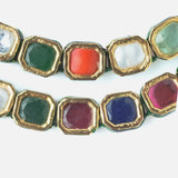 Gold Plated Multicolored Womens Synthetic Stones Short Necklace Set with Pair of Earrings