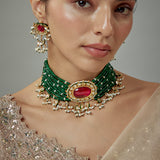 Saadgi Gold Plated Green Beaded Womens Choker Necklace Set with Pair of Earrings