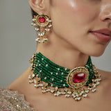 Saadgi Gold Plated Green Beaded Womens Choker Necklace Set with Pair of Earrings