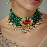 Saadgi Gold Plated Green Beaded Womens Choker Necklace Set with Pair of Earrings