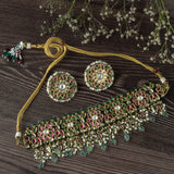 Gold Plated Green Womens Kundan Choker Necklace Set with Pair of Earrings