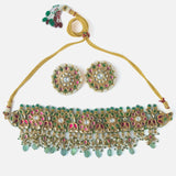 Gold Plated Green Womens Kundan Choker Necklace Set with Pair of Earrings