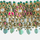 Gold Plated Green Womens Kundan Choker Necklace Set with Pair of Earrings