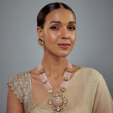 Saadgi Gold Plated Pink Beaded Womens Long Necklace Set with Pair of Earrings