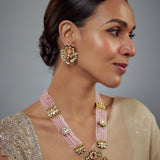 Saadgi Gold Plated Pink Beaded Womens Long Necklace Set with Pair of Earrings