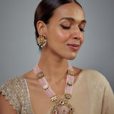 Saadgi Gold Plated Pink Beaded Womens Long Necklace Set with Pair of Earrings