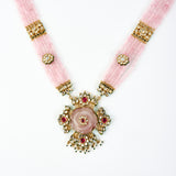 Saadgi Gold Plated Pink Beaded Womens Long Necklace Set with Pair of Earrings